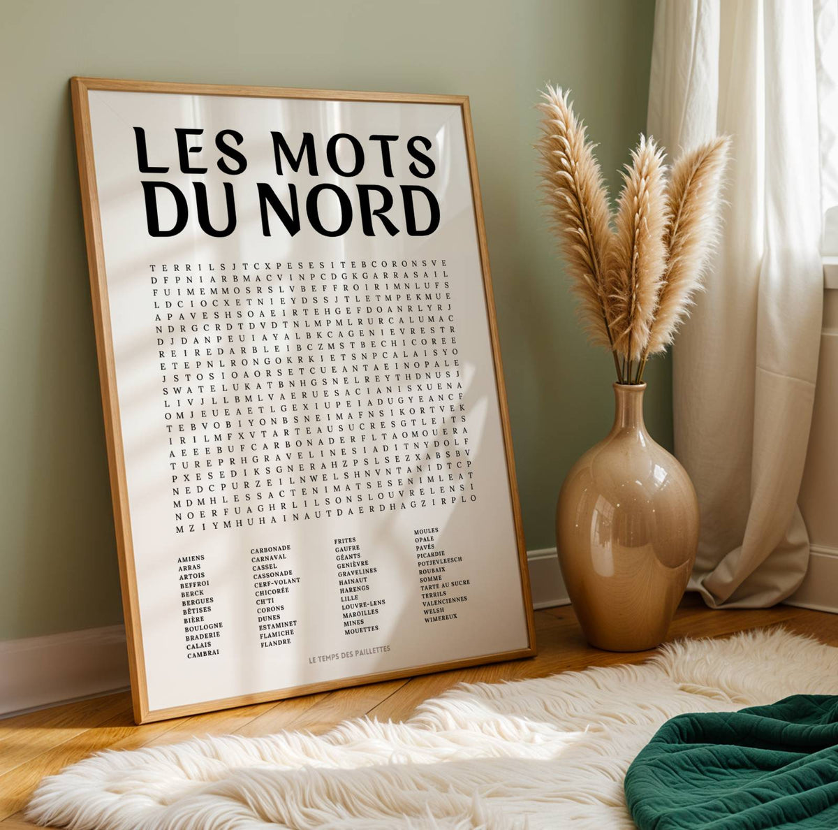 Affiche mots mêlés du Nord - poster régional en noir et blanc avec grille de mots à chercher