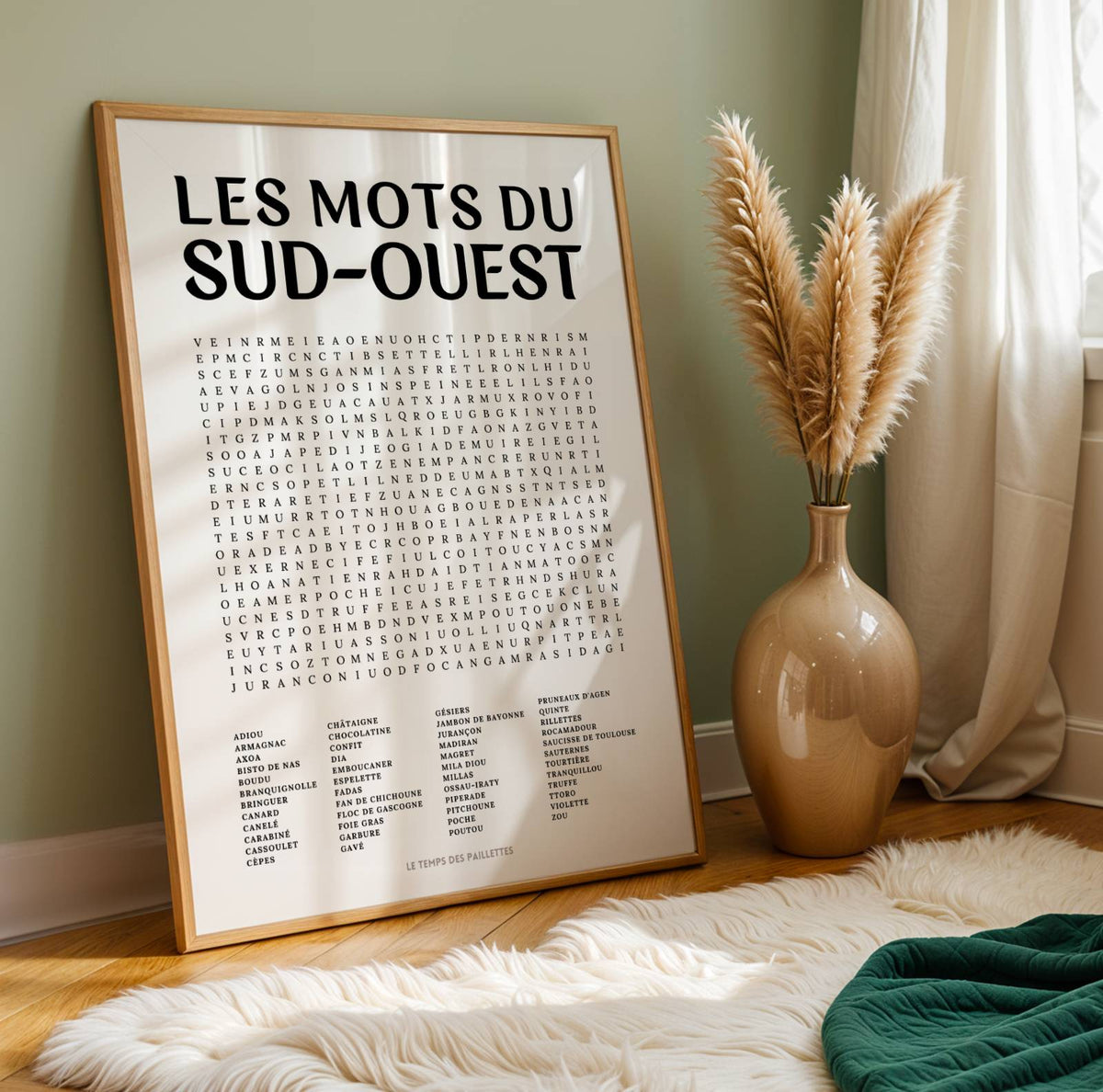 Affiche mots mêlés du Sud-Ouest - poster régional en noir et blanc avec grille de mots à chercher