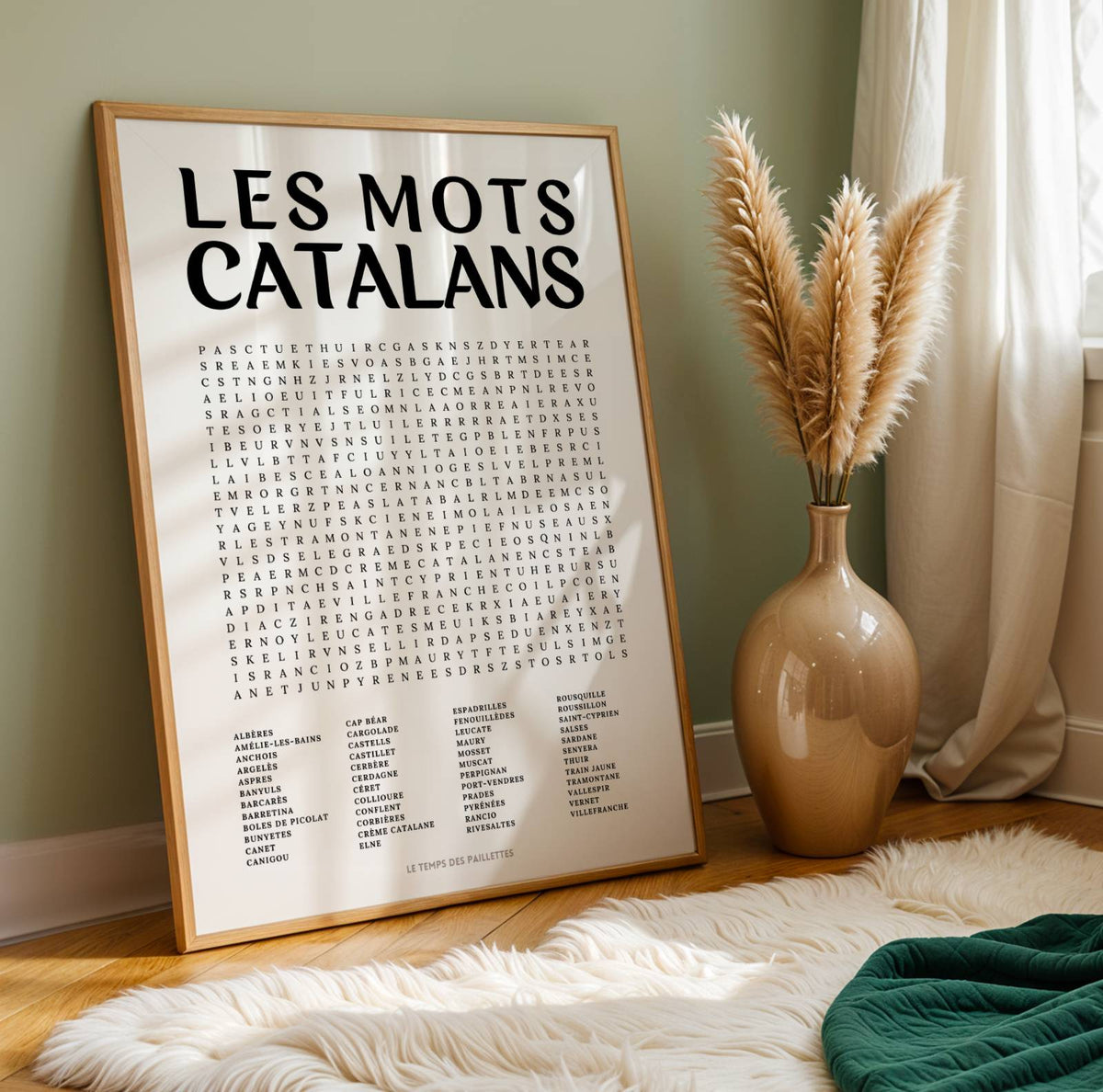 Affiche mots mêlés des Catalans - poster régional en noir et blanc avec grille de mots à chercher