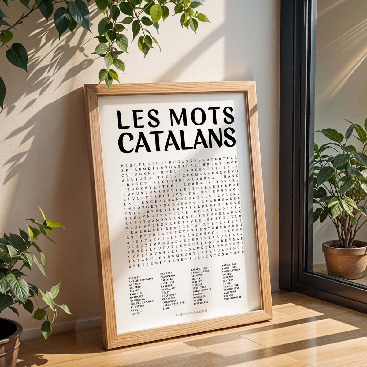 Affiche mots mêlés des Catalans - poster régional en noir et blanc avec grille de mots à chercher
