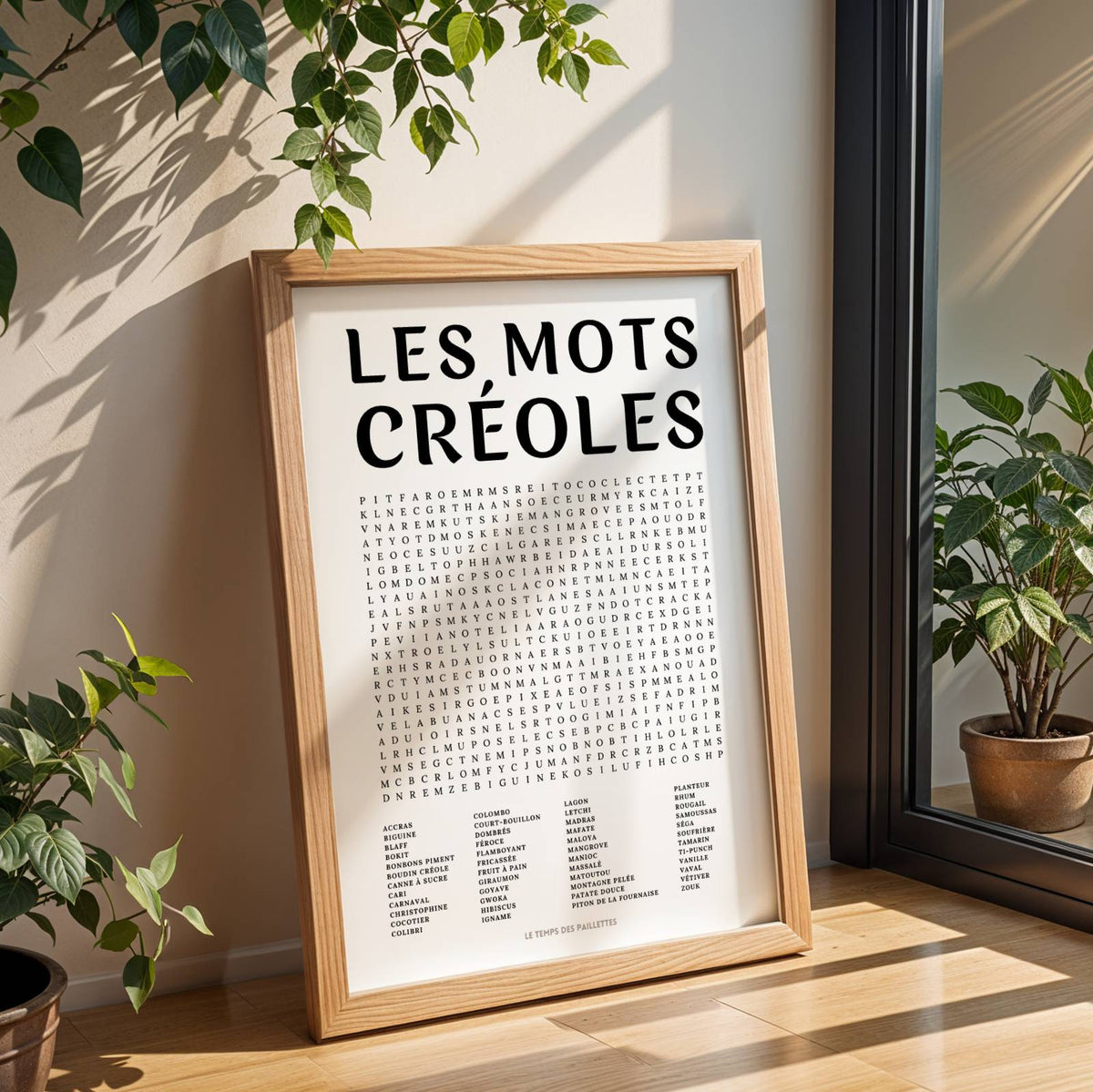 Affiche mots mêlés du monde créole - poster régional en noir et blanc avec grille de mots à chercher