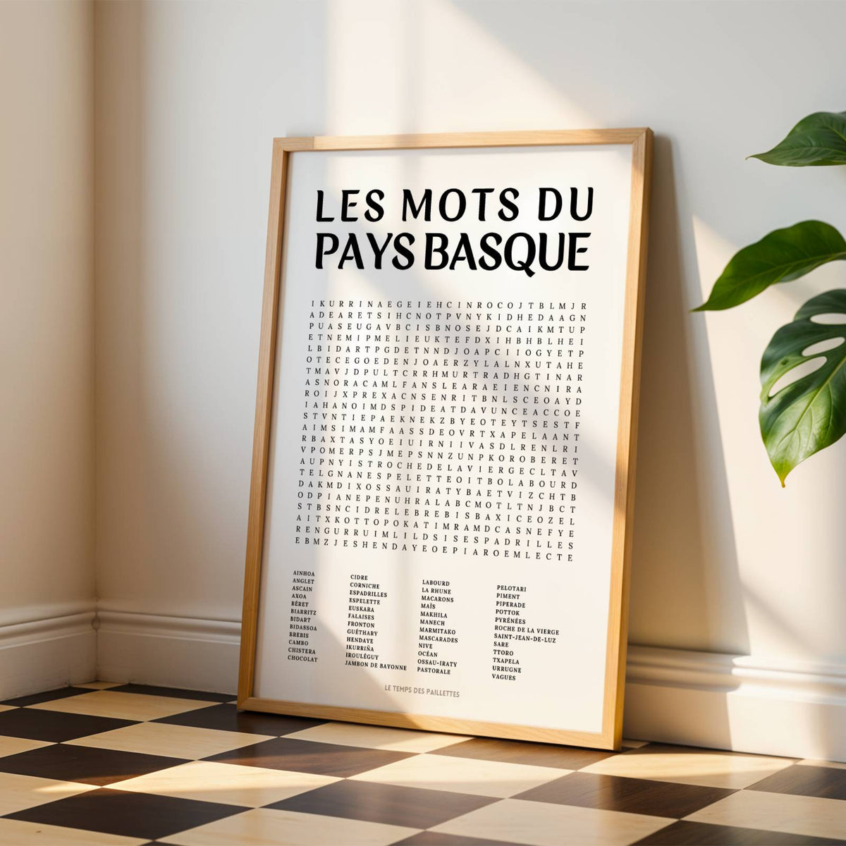  Affiche mots mêlés du Pays basque - poster régional en noir et blanc avec grille de mots à chercher