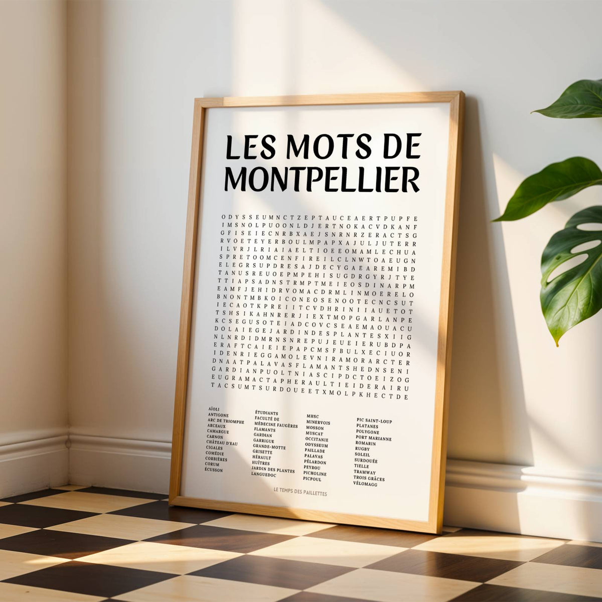 Affiche mots mêlés de Montpellier - poster régional en noir et blanc avec grille de mots à chercher