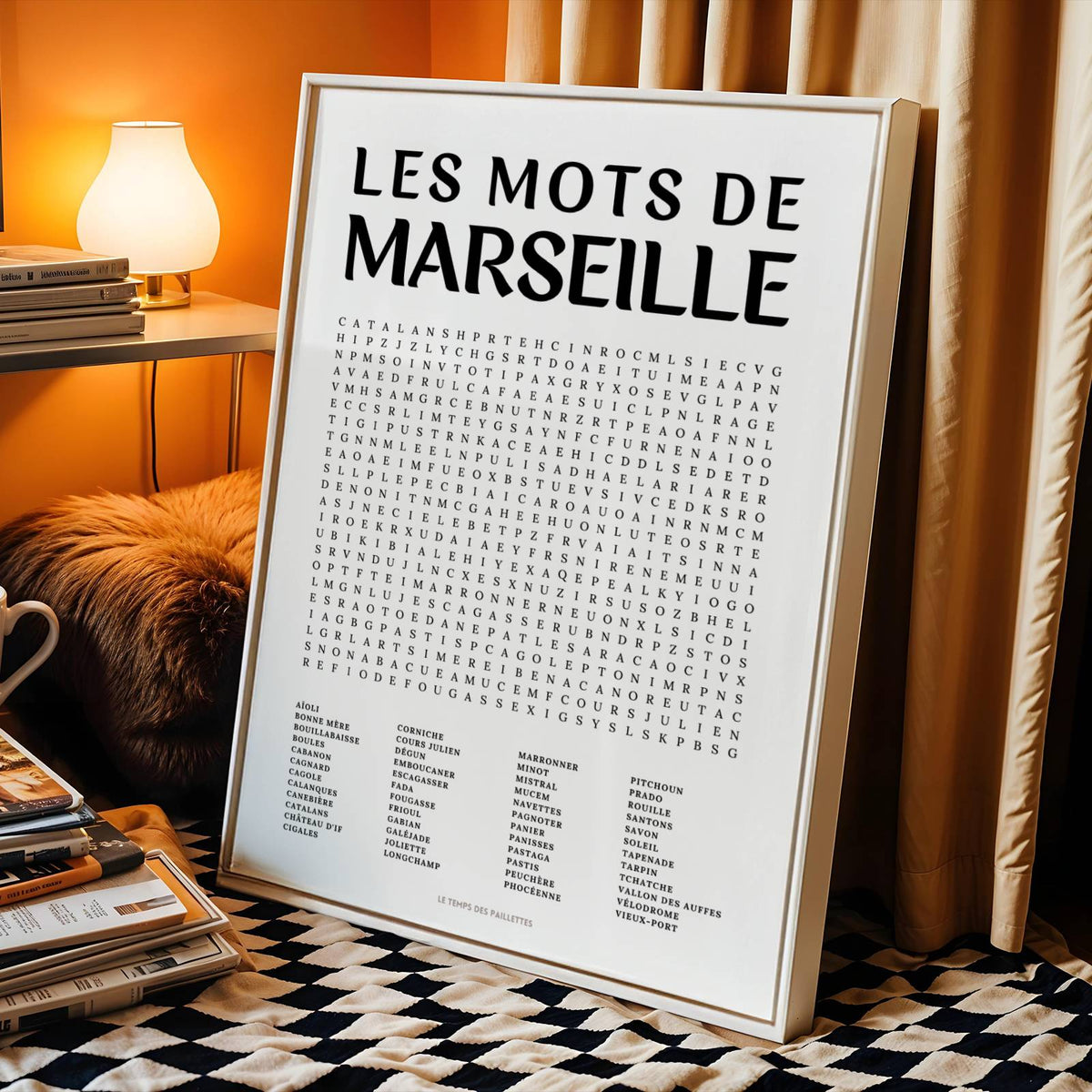 Affiche mots mêlés de Marseille - poster régional en noir et blanc avec grille de mots à chercher