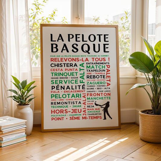 Affiche Pelote Basque – Poster Mots et Expressions – Cadeau Noël pour Passionnés de Pelote Basque - Décoration Pays basque fronton trinquet