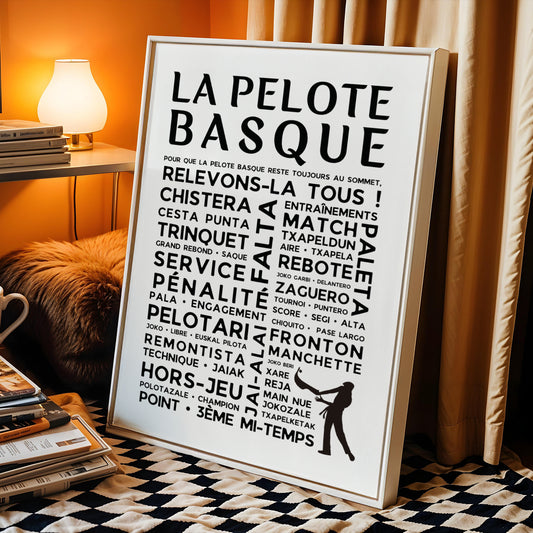 Affiche Pelote Basque – Poster Mots et Expressions – Cadeau Noël pour Passionnés de Pelote Basque - Décoration Pays basque fronton trinquet