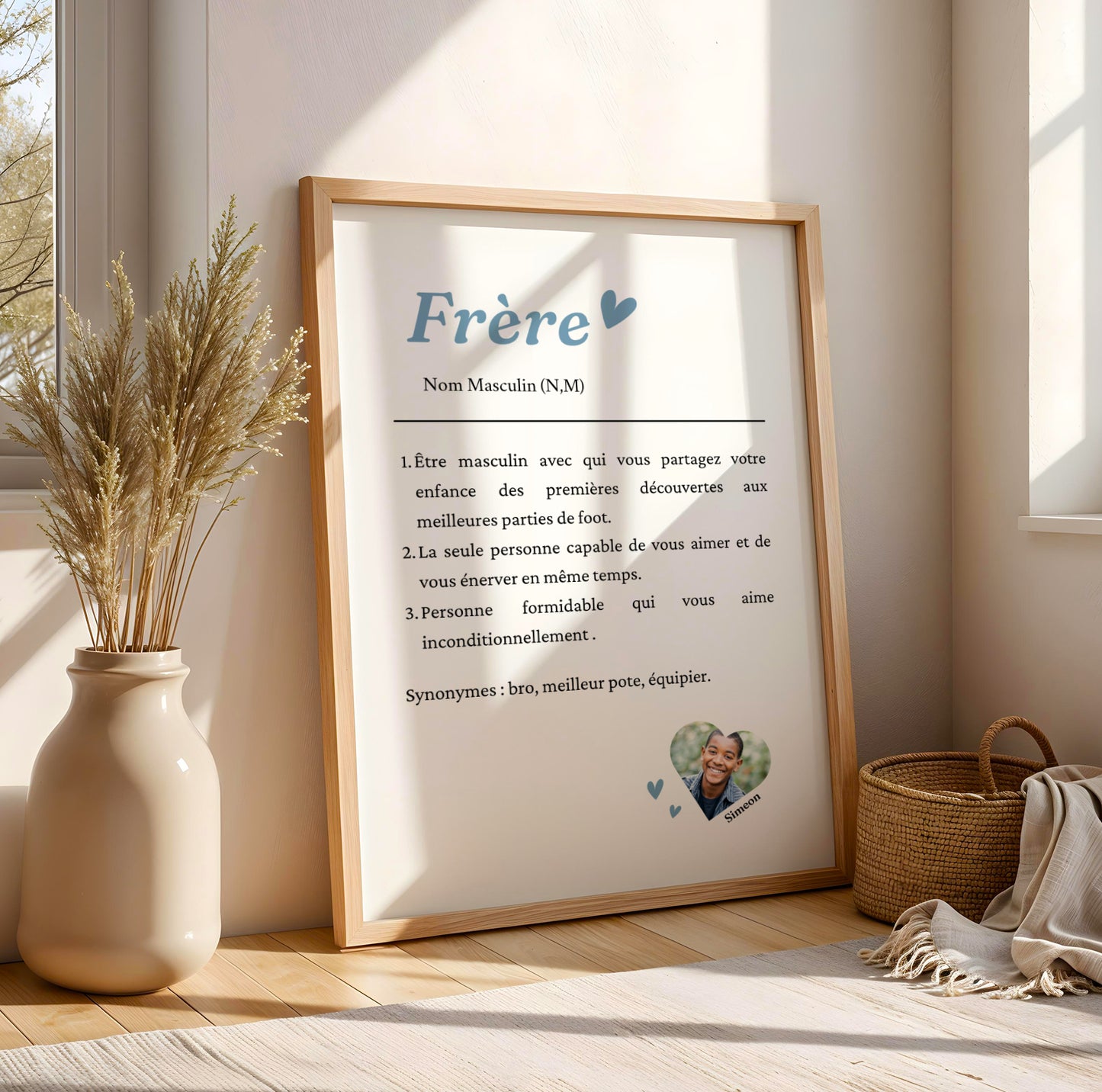 Affiche personnalisée frère avec photo et définition, cadeau original pour frère, anniversaire, Noël ou fête des frères.