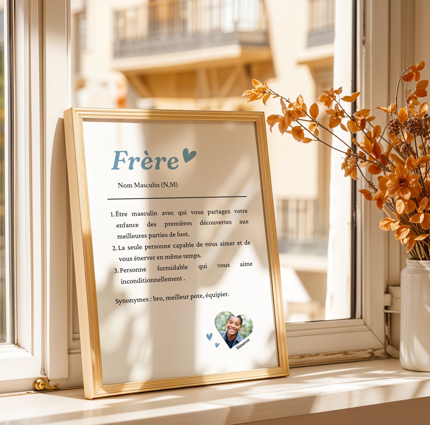 Affiche personnalisée frère avec photo et définition, cadeau original pour frère, anniversaire, Noël ou fête des frères.