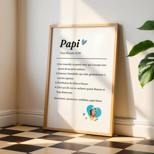 Affiche définition Papi personnalisée avec photo – Cadeau fête des grands-pères ou noel
