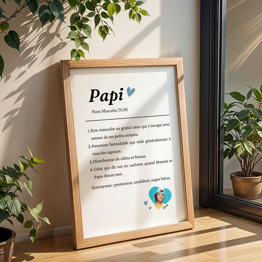 Affiche définition Papi personnalisée avec photo – Cadeau fête des grands-pères ou noel