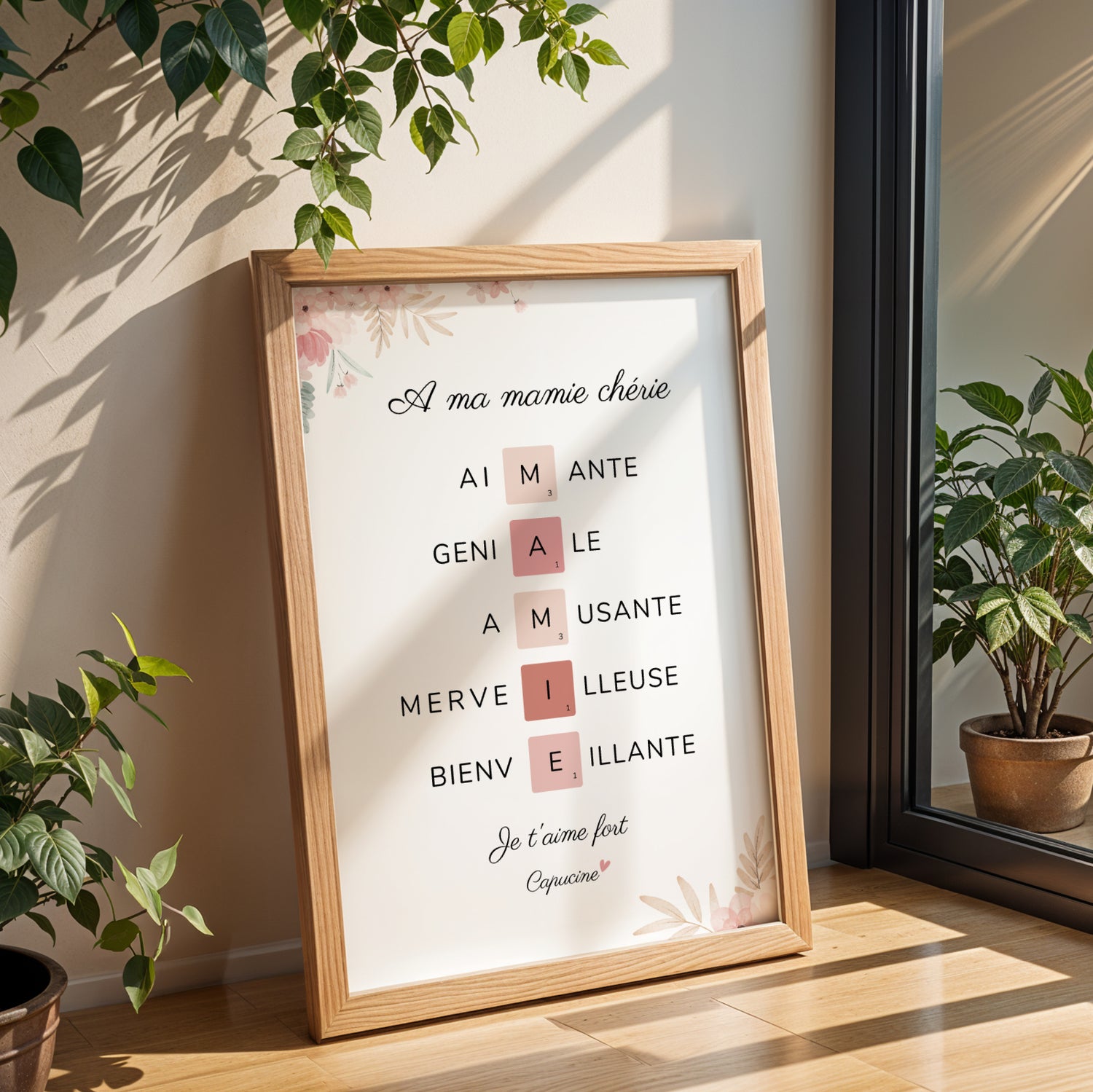 Affiche Mamie Personnalisée style Scrabble with floral accents in a wooden frame for Fête des Grands-Mères.
