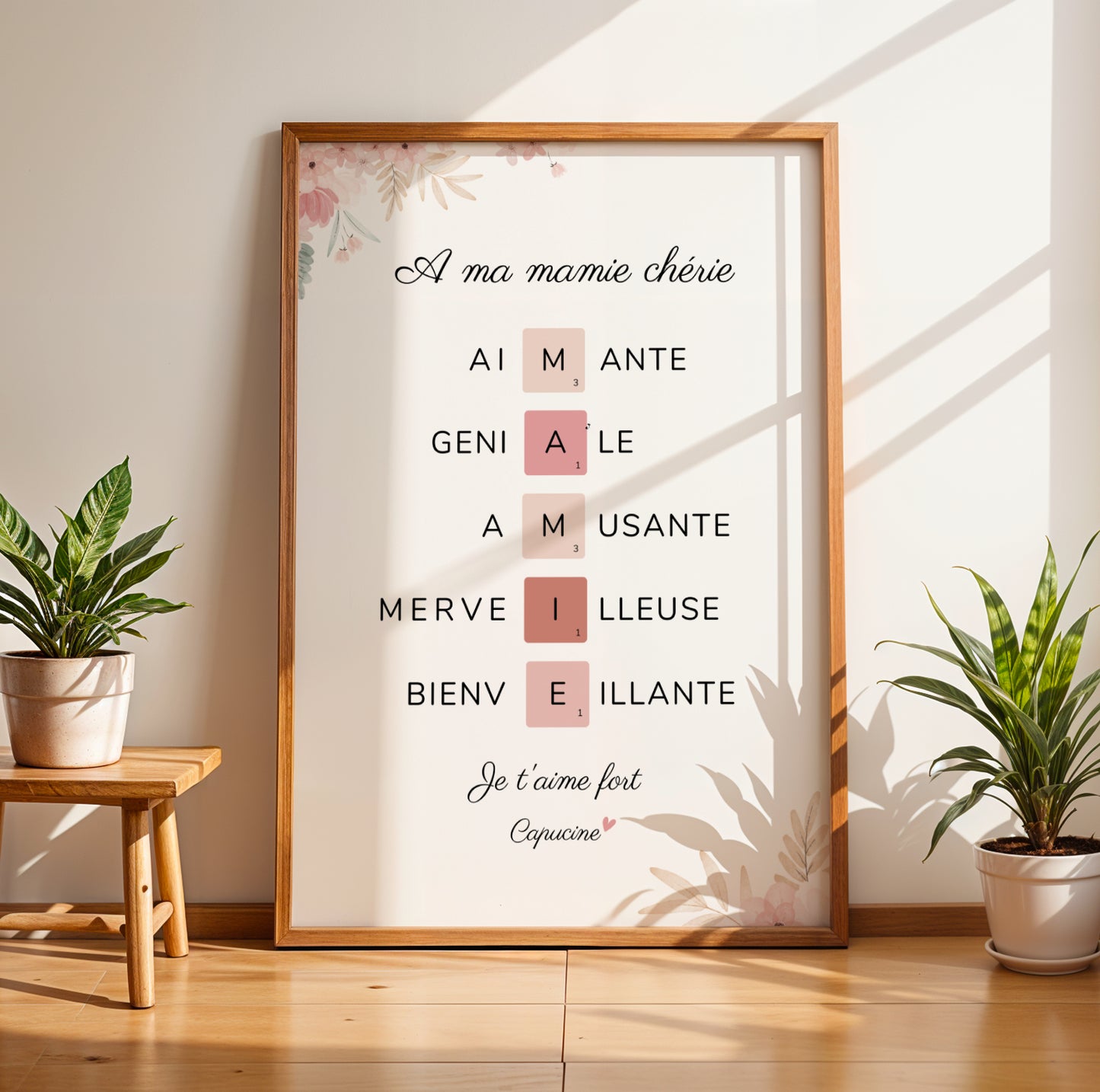 Affiche Mamie Personnalisée Scrabble style poster with floral accents for Fête des Grands-Mères.