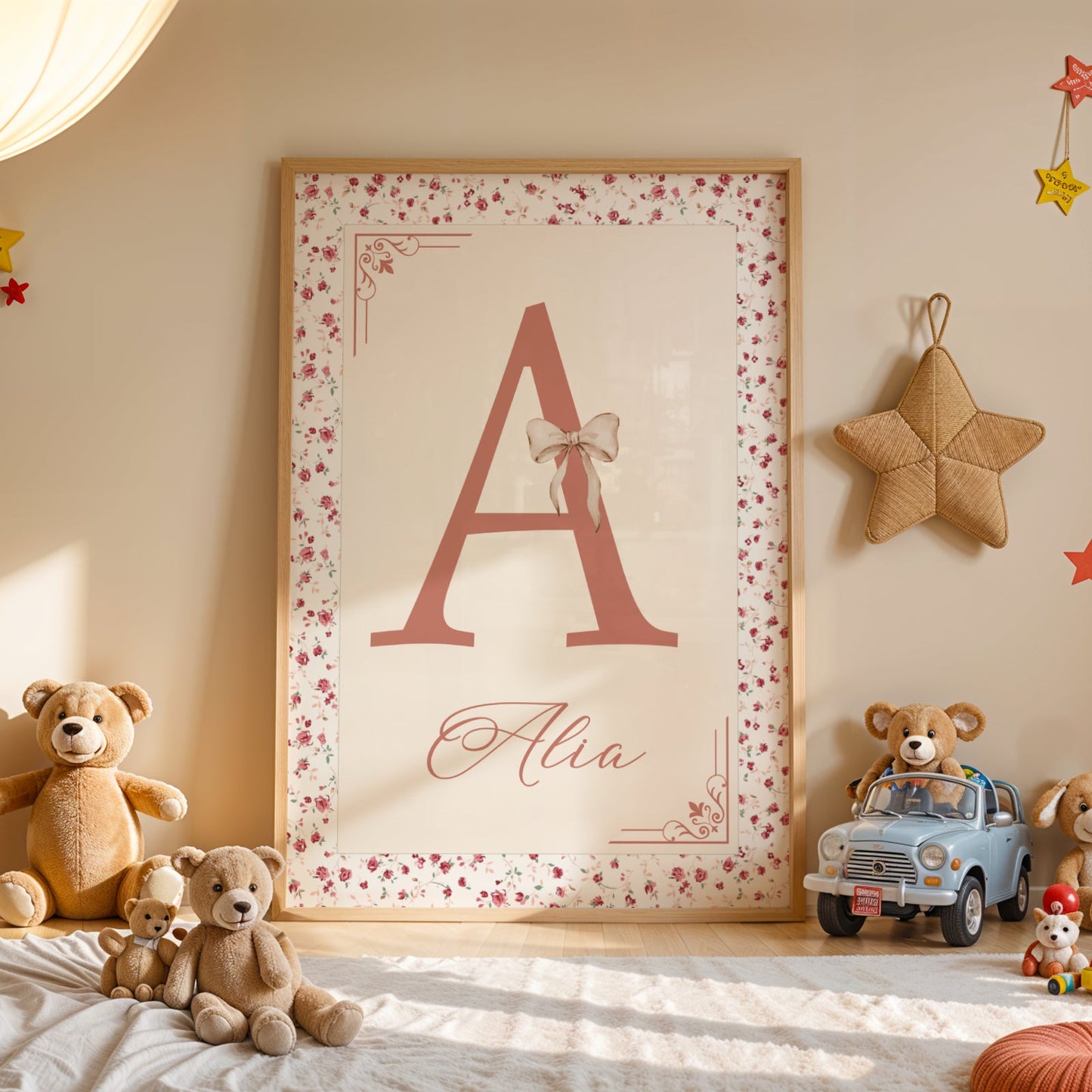 affiche bébé personnalisée initiale shabby chic vert sauge rose cadeau naissance