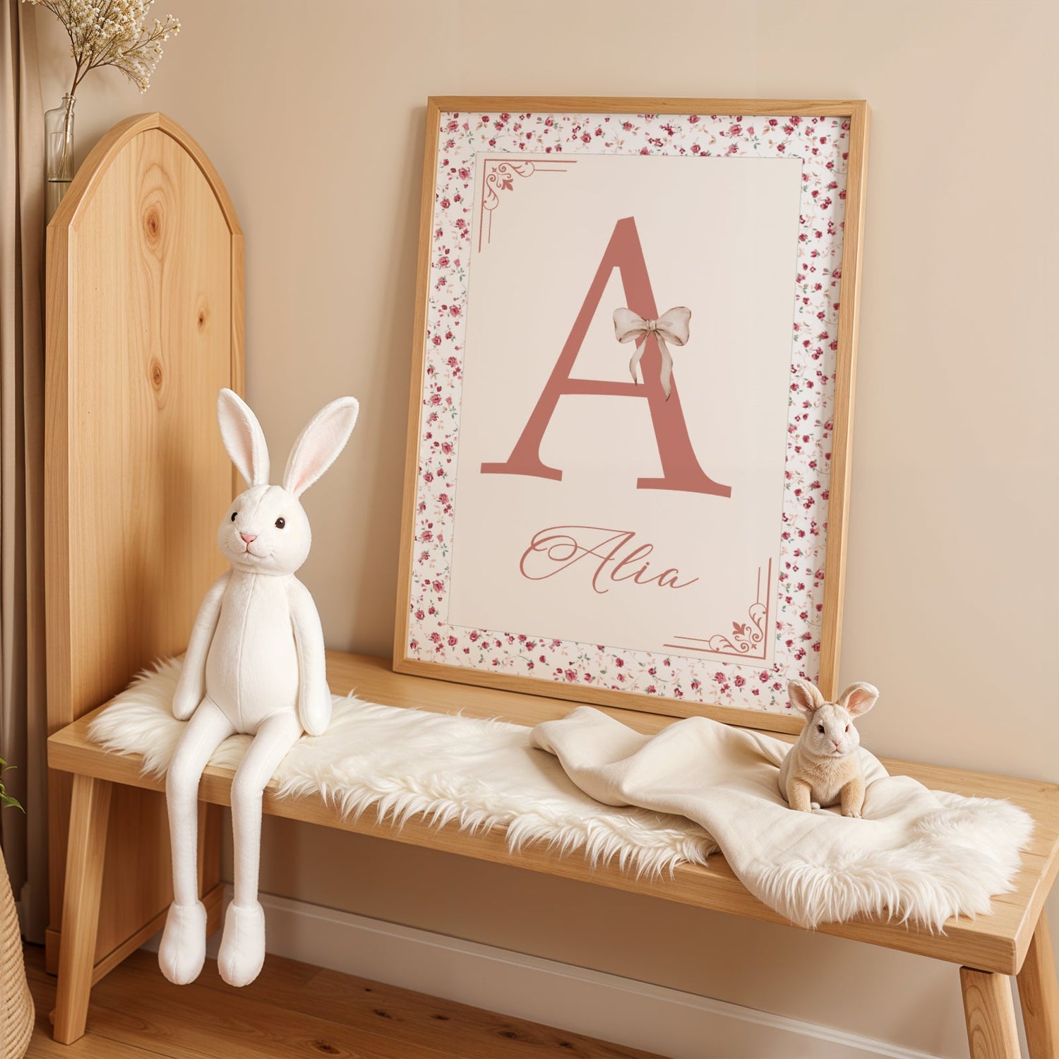 poster initiale personnalisé style liberty floral vert sauge rose poudré chambre bébé