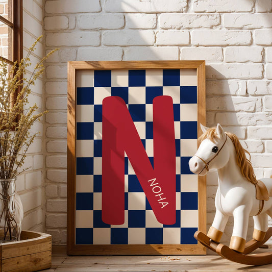 poster prénom bébé initiale damier bleu clair rétro personnalisé chambre enfant