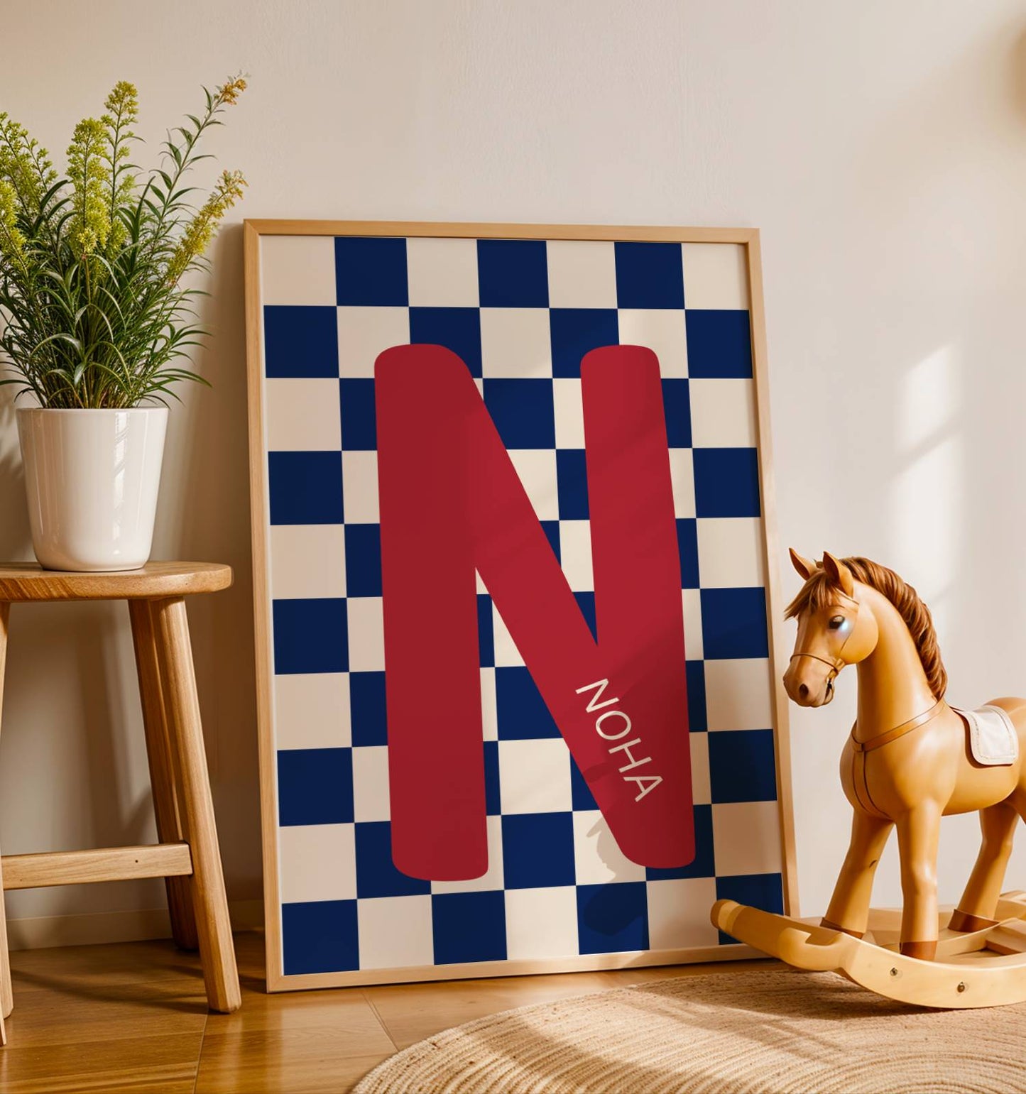cadeau naissance affiche damier bleu clair prénom personnalisé graphique chambre bébé