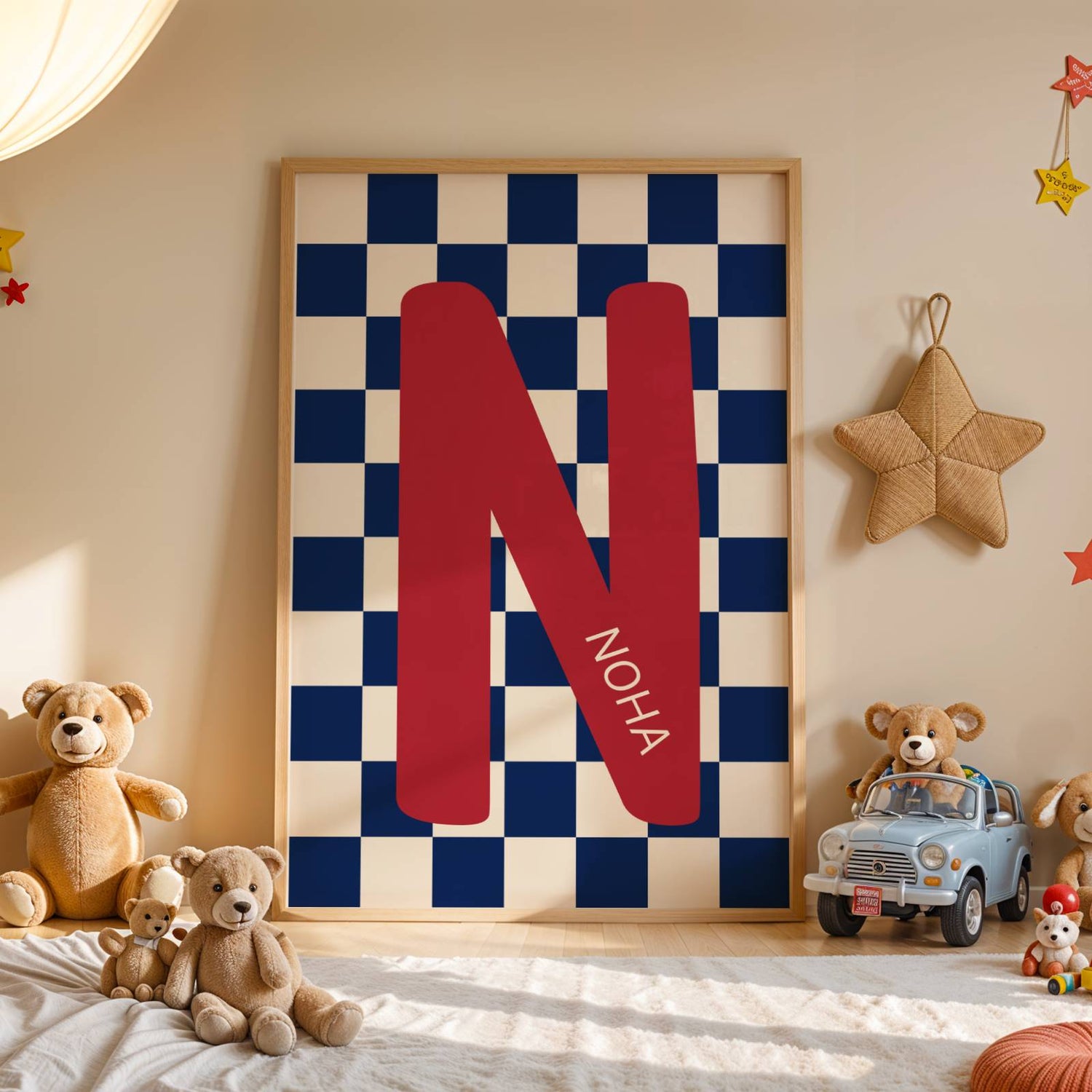 affiche bébé initiale checkerboard bleu clair personnalisée décoration murale chambre