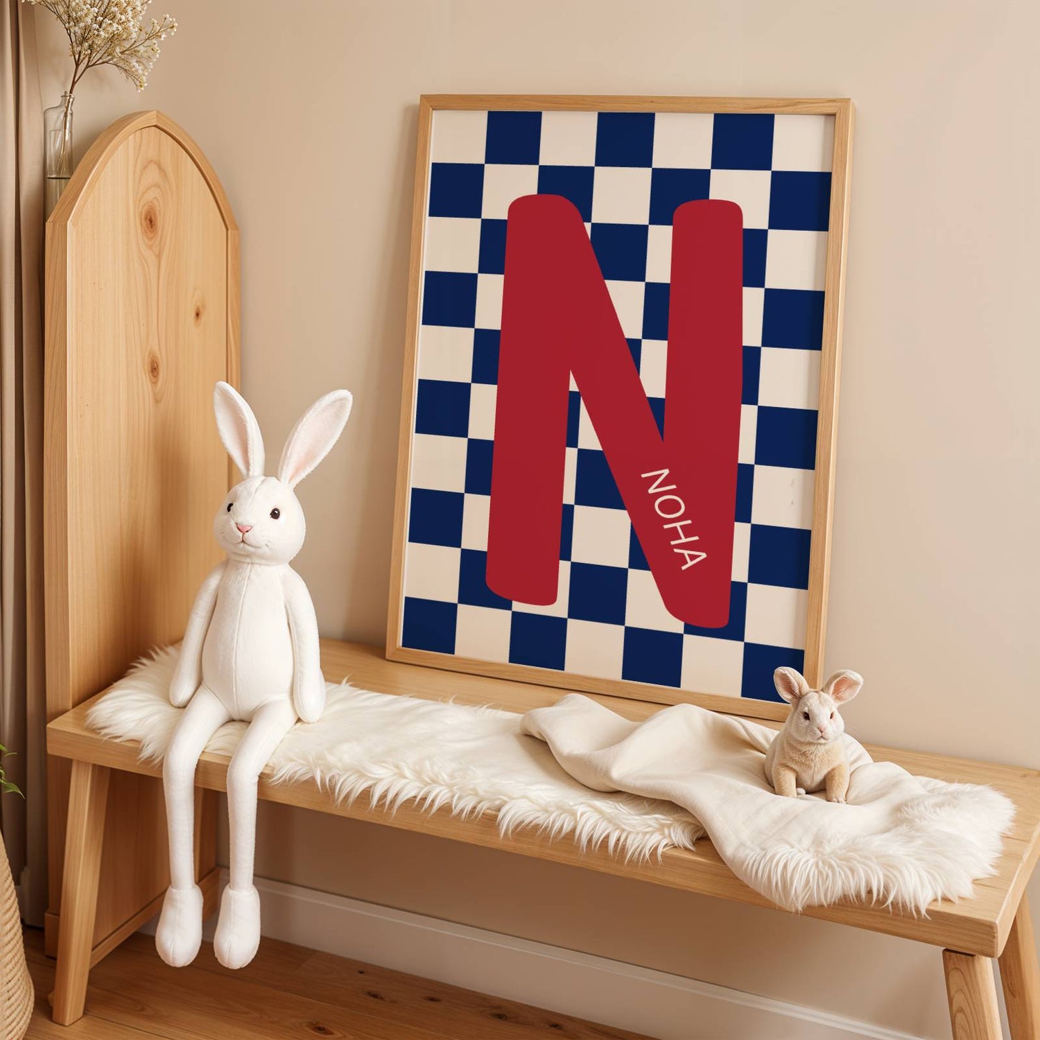 poster initiale enfant personnalisé style damier rétro chic bleu clair chambre