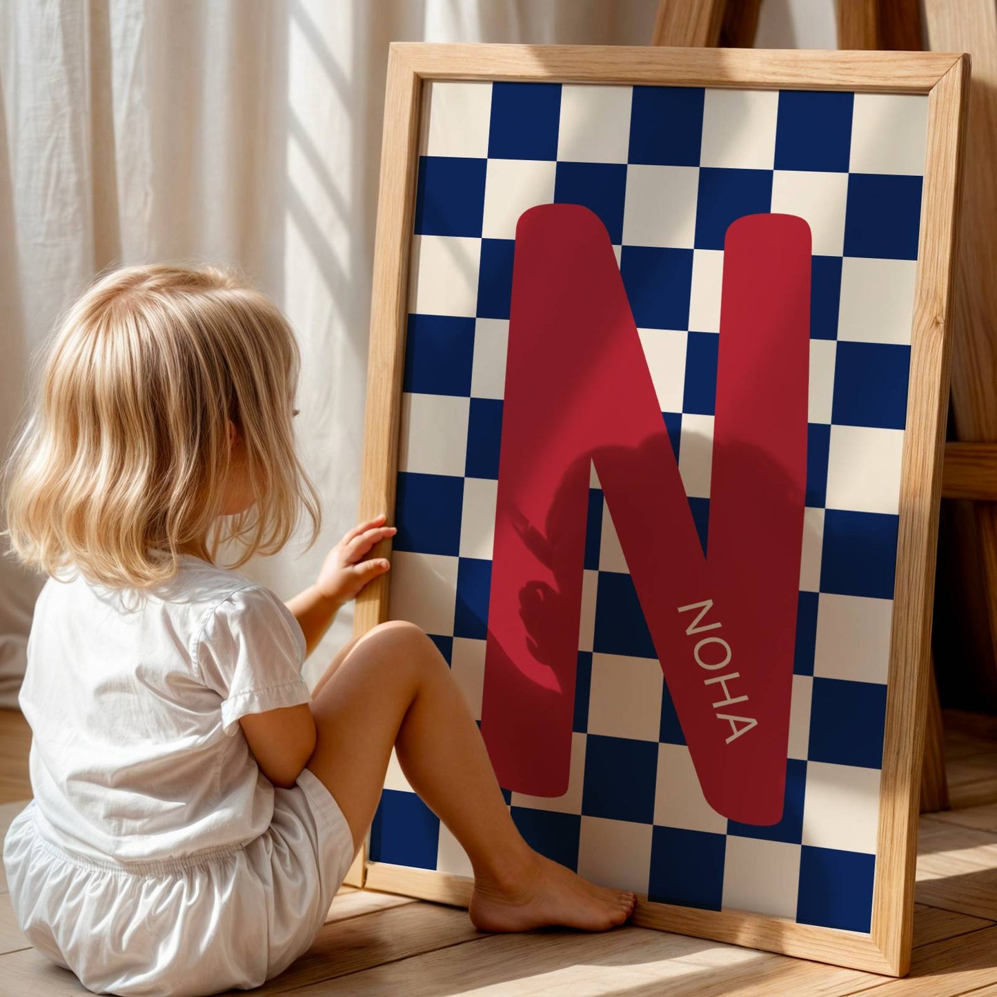 affiche prénom enfant damier bleu cadeau naissance original style graphique
