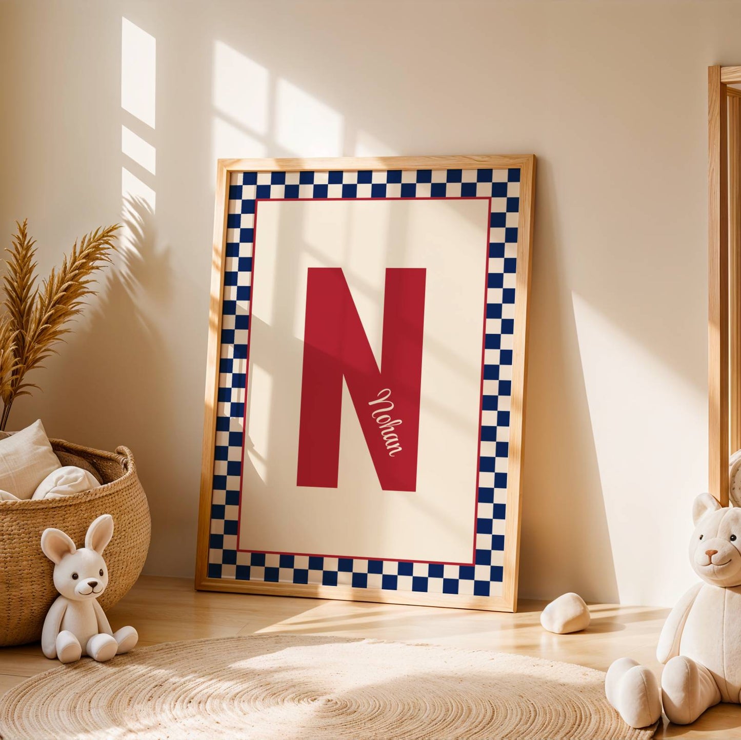 Affiche enfant personnalisé prénom initiale et damier : art mural chambre d'enfant moderne personnalisé