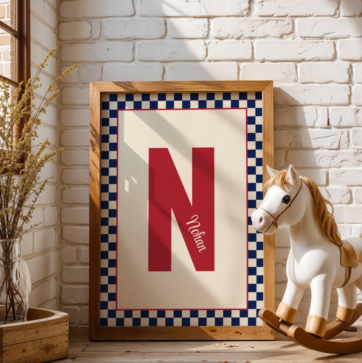 Affiche enfant personnalisé prénom initiale et damier : art mural chambre d'enfant moderne personnalisé