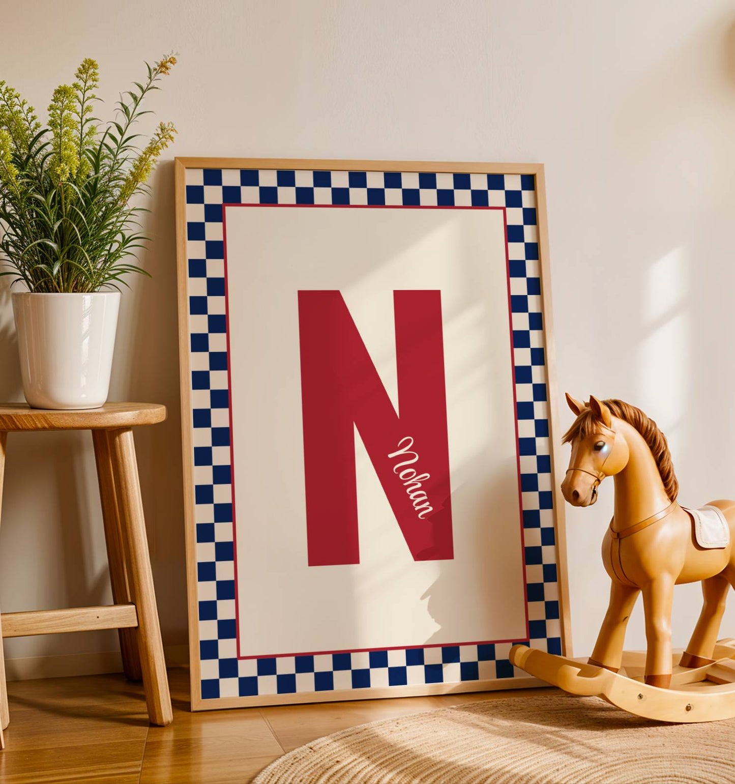 Affiche enfant personnalisé prénom initiale et damier : art mural chambre d'enfant moderne personnalisé