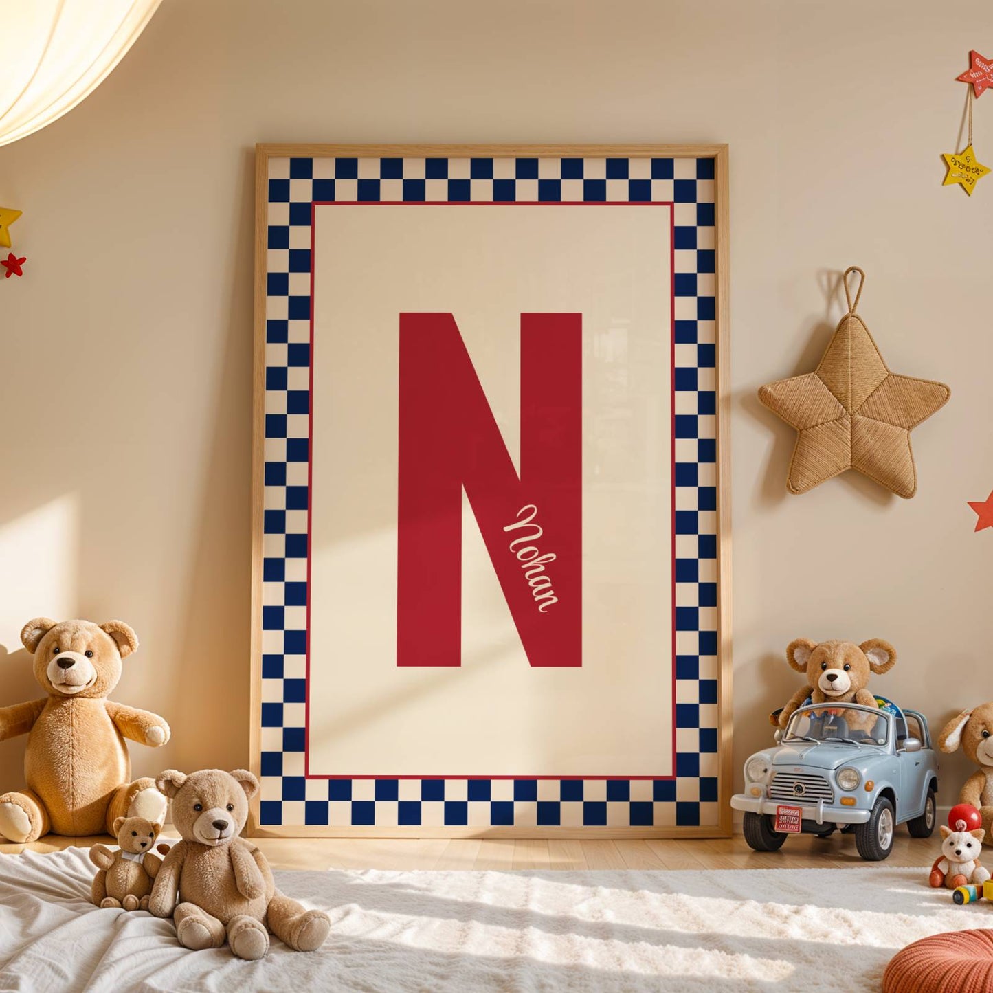 Affiche enfant personnalisé prénom initiale et damier : art mural chambre d'enfant moderne personnalisé