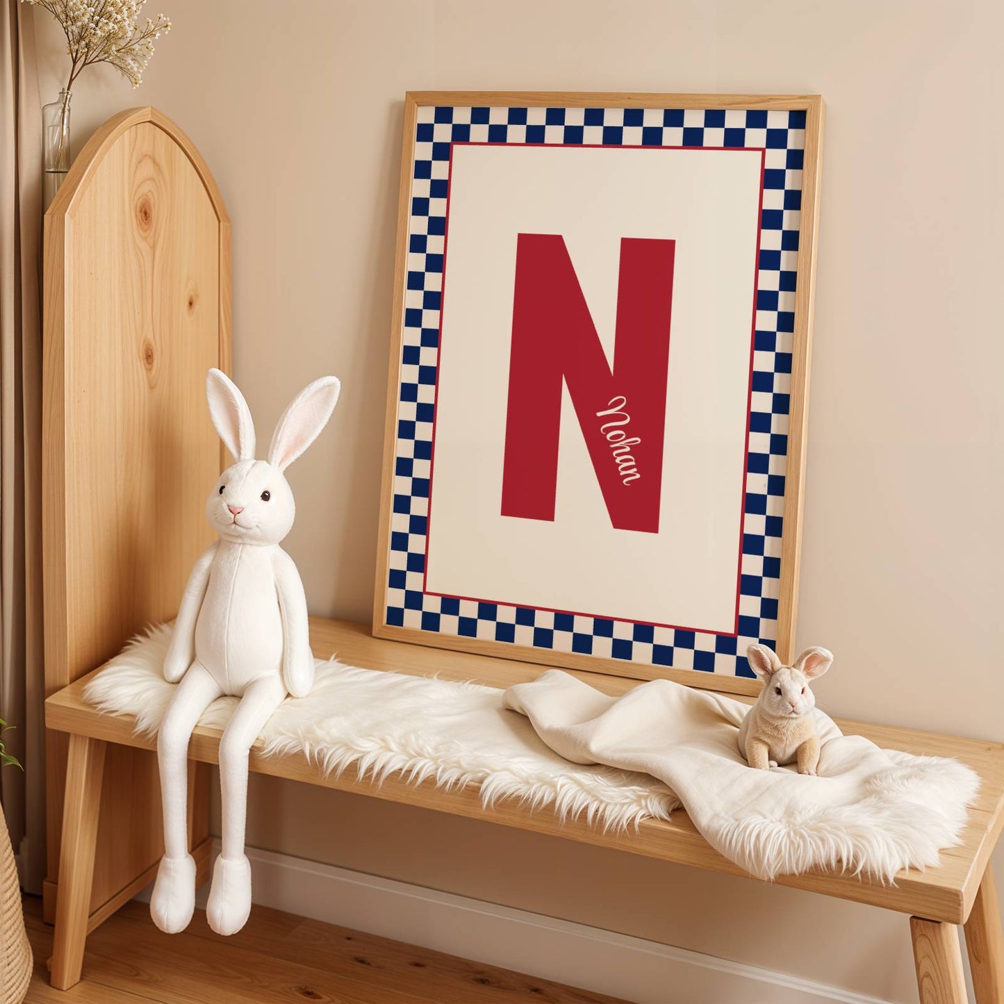 Affiche enfant personnalisé prénom initiale et damier : art mural chambre d'enfant moderne personnalisé