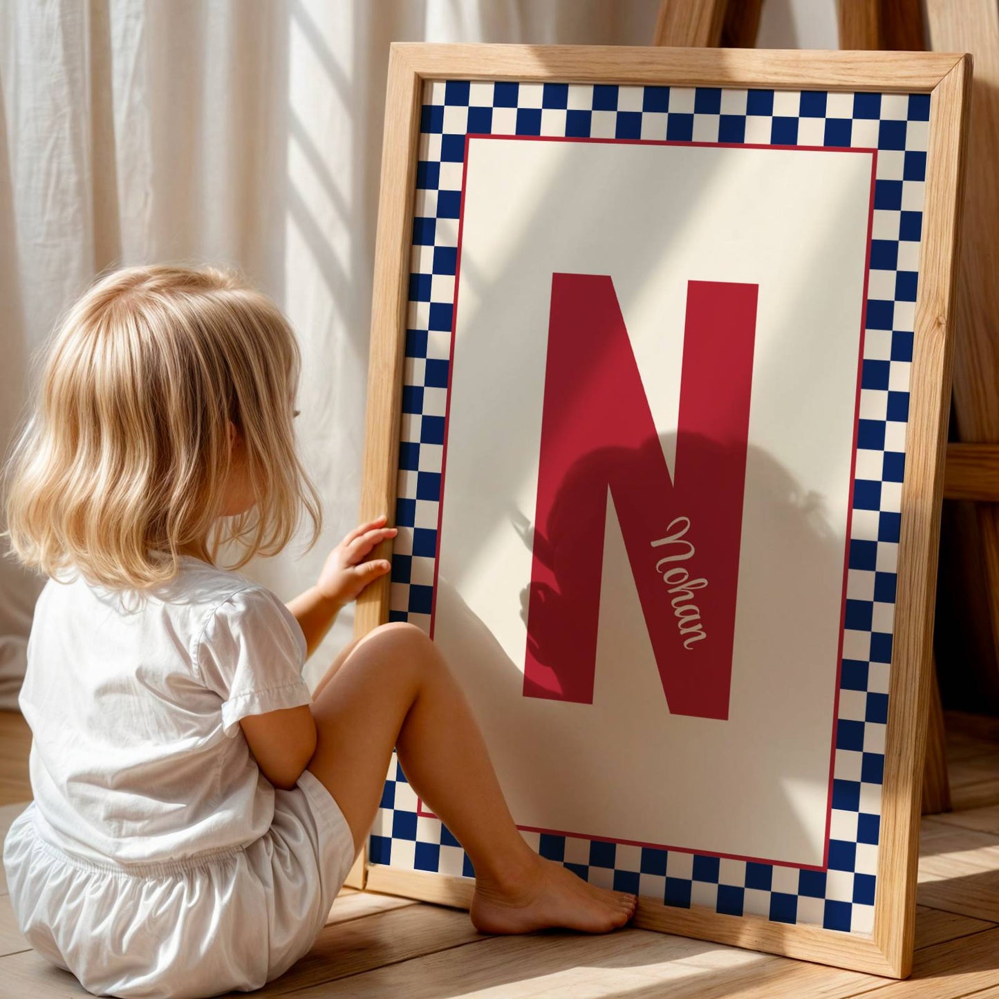Affiche enfant personnalisé prénom initiale et damier : art mural chambre d'enfant moderne personnalisé