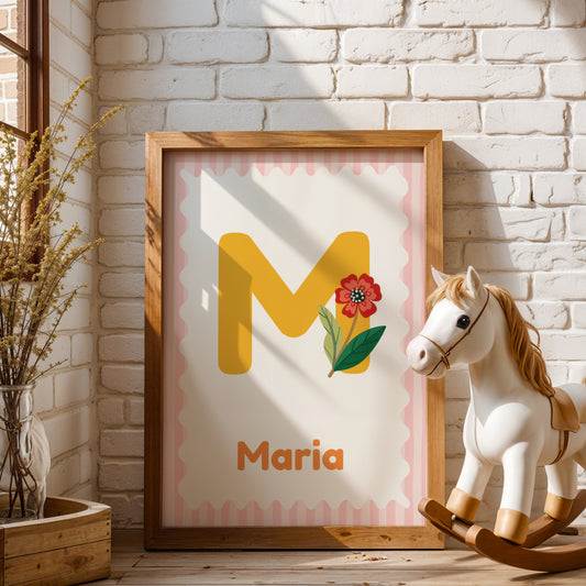 Affiche Enfant Prénom Fille Personnalisée Enfant avec Lettre Fleurie et style couleur dopamine