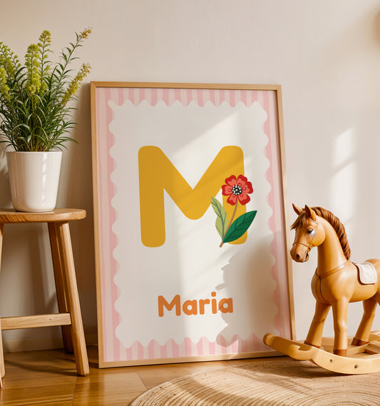 Affiche Enfant Prénom Fille Personnalisée Enfant avec Lettre Fleurie et style couleur dopamine