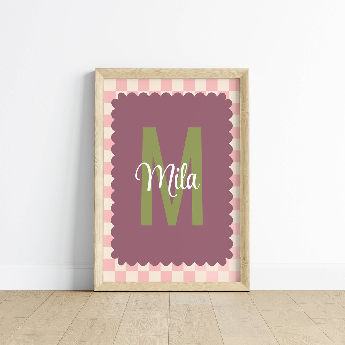 poster prénom bébé initiale mauve violet rose personnalisé chambre fille rétro