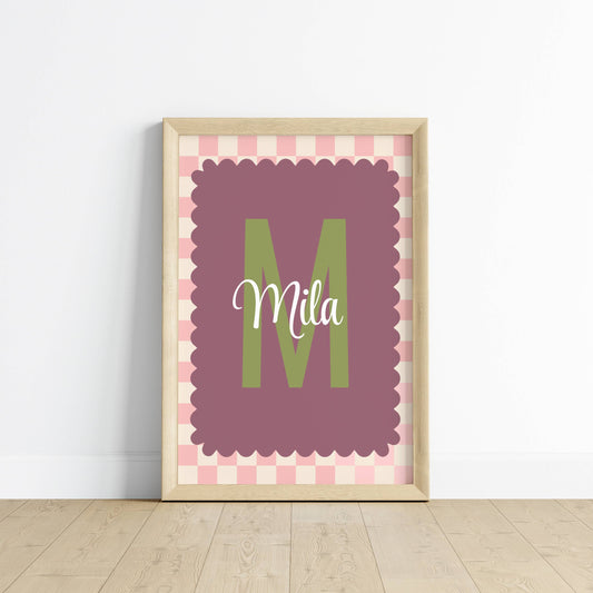 poster prénom bébé initiale mauve violet rose personnalisé chambre fille rétro
