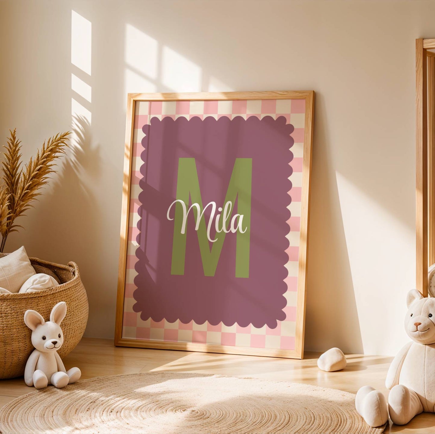 cadeau naissance fille affiche initiale violet rose vichy personnalisée chambre bébé