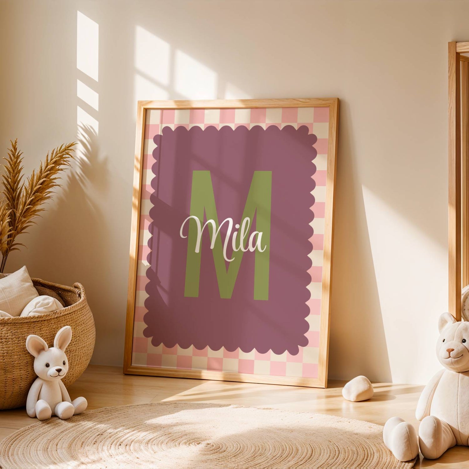 cadeau naissance fille affiche initiale violet rose vichy personnalisée chambre bébé