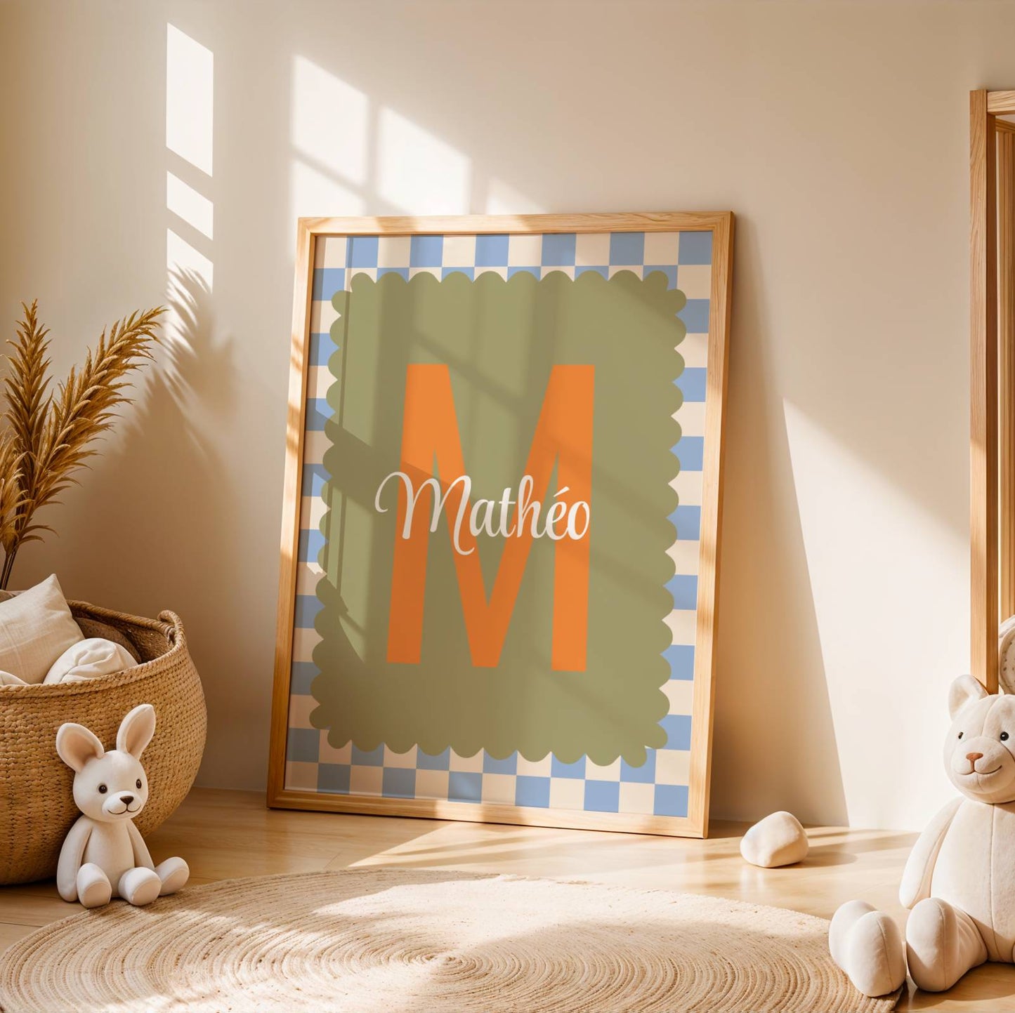 Affiche prénom garçon personnalisée monogramme, décoration chambre bébé rétro moderne, poster lettre initiale