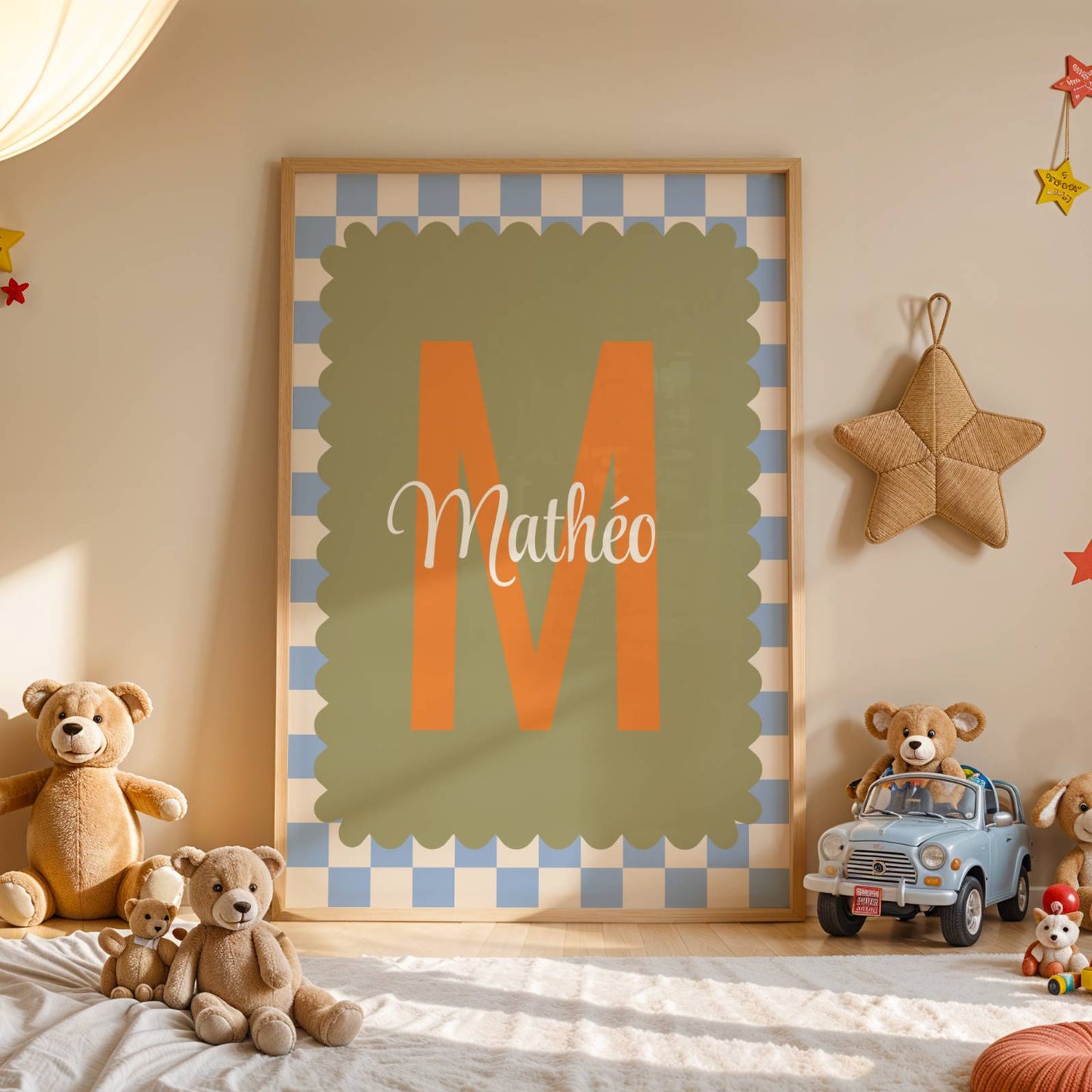 Affiche prénom garçon personnalisée monogramme, décoration chambre bébé rétro moderne, poster lettre initiale