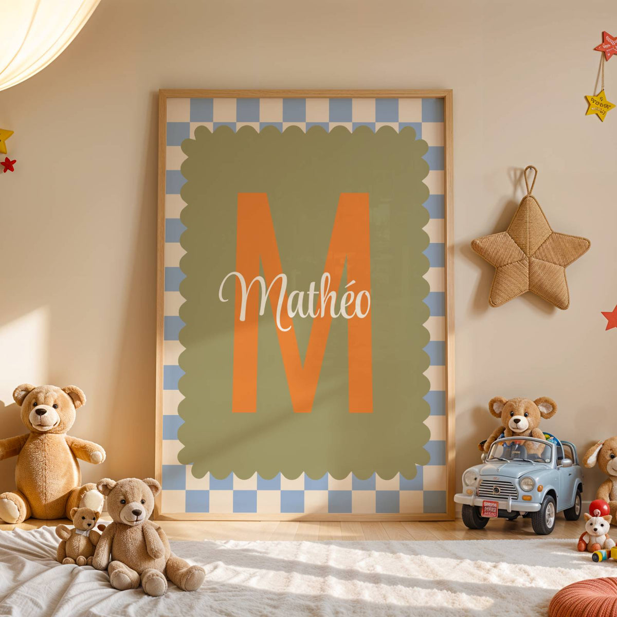 affiche initiale garçon vichy bleu ciel vert olive personnalisée décoration chambre bébé
