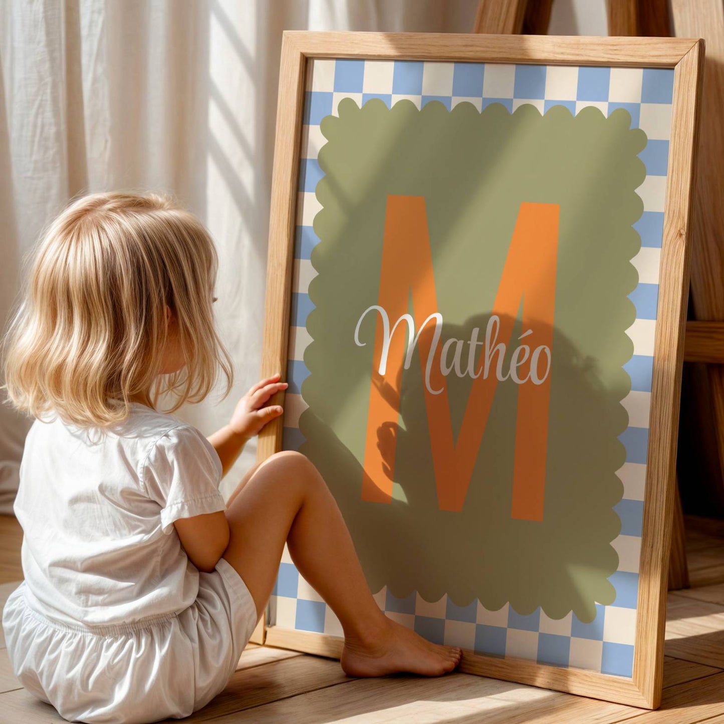 Affiche prénom garçon personnalisée monogramme, décoration chambre bébé rétro moderne, poster lettre initiale