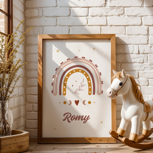 Une affiche personnalisée pour chambre d'enfant posée au sol dans un cadre en bois clair, entourée de peluches. L'illustration représente un grand arc-en-ciel bohème aux couleurs terracotta, rose et ocre, surmonté de petites étoiles dorées et d'un brin de feuillage délicat en son centre. Sous l'arc-en-ciel, des symboles de phases lunaires et un petit cœur entourent le prénom "Romy" écrit dans une typographie élégante et arrondie de couleur chocolat.