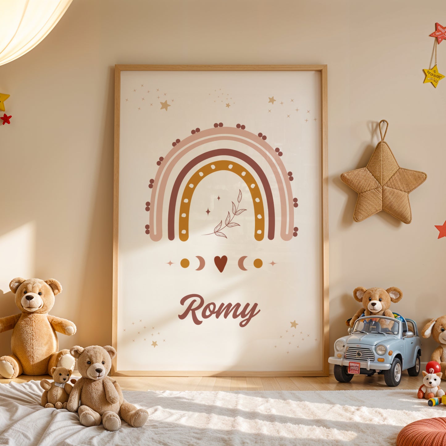 Une affiche personnalisée pour chambre d'enfant posée au sol dans un cadre en bois clair, entourée de peluches. L'illustration représente un grand arc-en-ciel bohème aux couleurs terracotta, rose et ocre, surmonté de petites étoiles dorées et d'un brin de feuillage délicat en son centre. Sous l'arc-en-ciel, des symboles de phases lunaires et un petit cœur entourent le prénom "Romy" écrit dans une typographie élégante et arrondie de couleur chocolat.