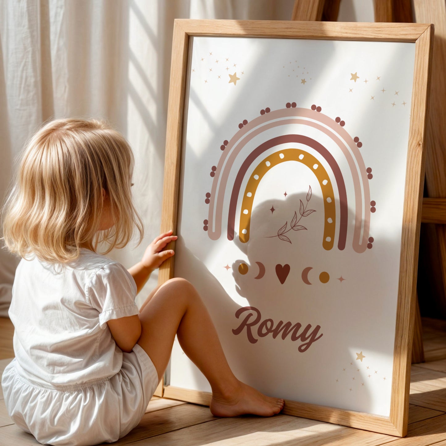 Une affiche personnalisée pour chambre d'enfant posée au sol dans un cadre en bois clair, entourée de peluches. L'illustration représente un grand arc-en-ciel bohème aux couleurs terracotta, rose et ocre, surmonté de petites étoiles dorées et d'un brin de feuillage délicat en son centre. Sous l'arc-en-ciel, des symboles de phases lunaires et un petit cœur entourent le prénom "Romy" écrit dans une typographie élégante et arrondie de couleur chocolat.