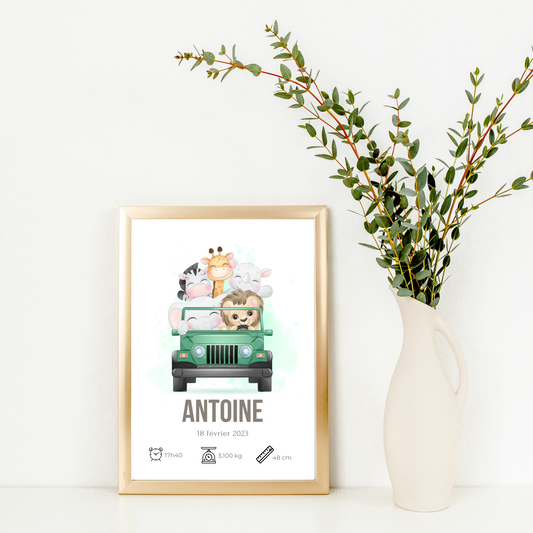 Affiche enfant safari - Poster animaux de la jungle - Cadeau de naissance personnalisé par Le Temps des Paillettes - Le Temps des Paillettes