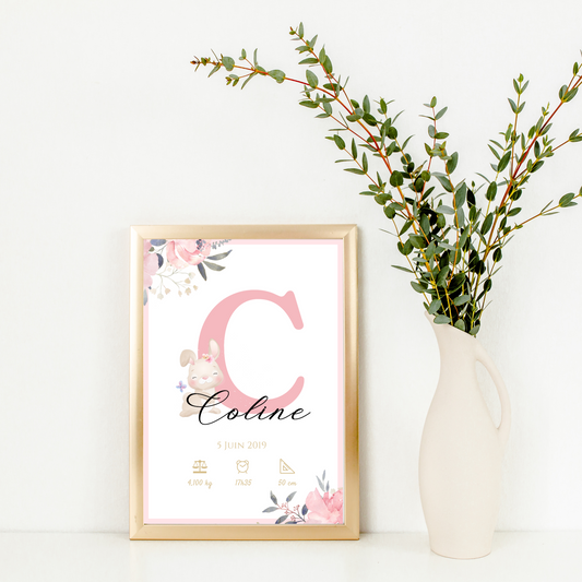 Affiche de naissance personnalisée prénom initiale lapin et roses  - Cadeau de naissance personnalisé  par Le Temps des Paillettes