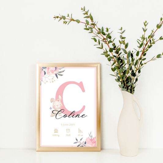 Affiche de naissance personnalisée prénom initiale lapin et roses - Cadeau de naissance personnalisé par Le Temps des Paillettes - Le Temps des Paillettes