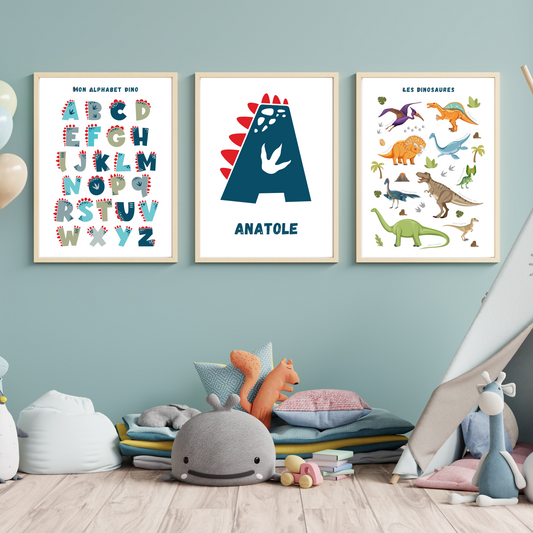 Set affiche enfant dinosaures personnalisé  - Affiche chambre de garçon personnalisé  - décoration dinosaure par Le Temps des Paillettes