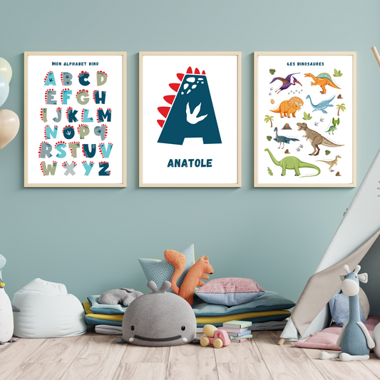 Set affiche enfant dinosaures personnalisé - Affiche chambre de garçon personnalisé - décoration dinosaure par Le Temps des Paillettes - Le Temps des Paillettes