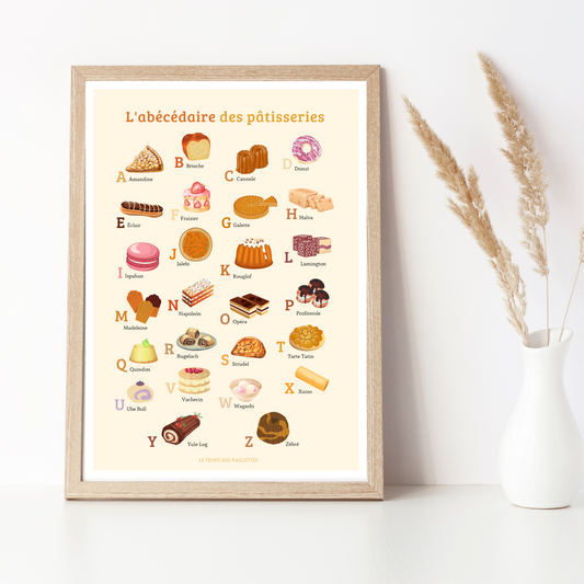 Affiche pâtisserie - ABC des pâtisseries en français - décoration pour boulangerie pâtisserie par Les Petits PDF - Le Temps des Paillettes