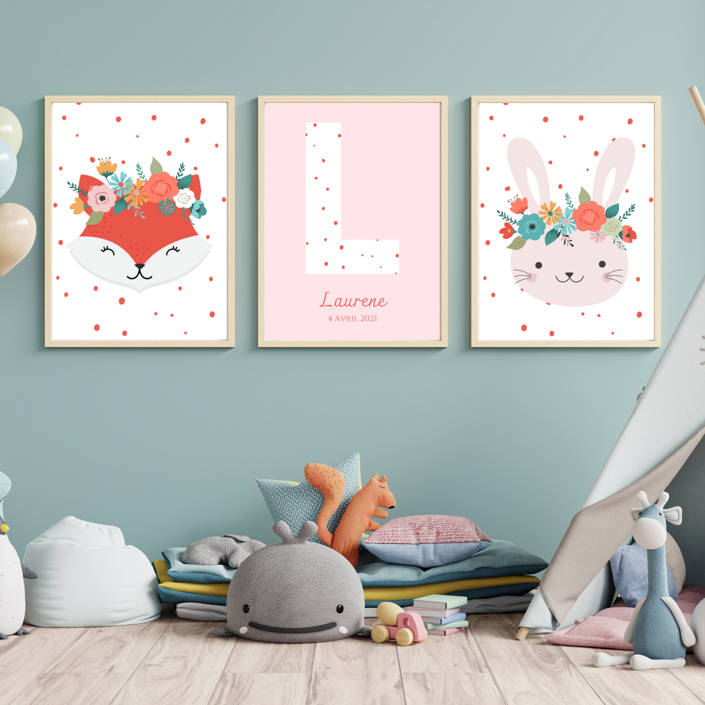 Set affiche enfant rose animaux  - Affiche chambre de fille personnalisé  - décoration bohème enfant par Le Temps des Paillettes