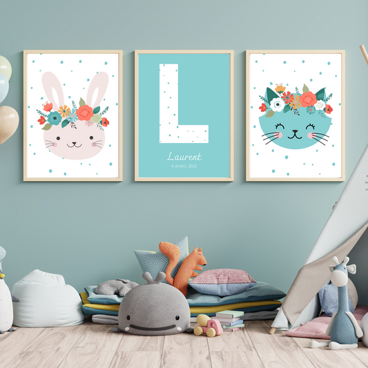Set affiche enfant animaux bleu  - Affiche chambre de fille personnalisée  - décoration bohème enfant par Le Temps des Paillettes